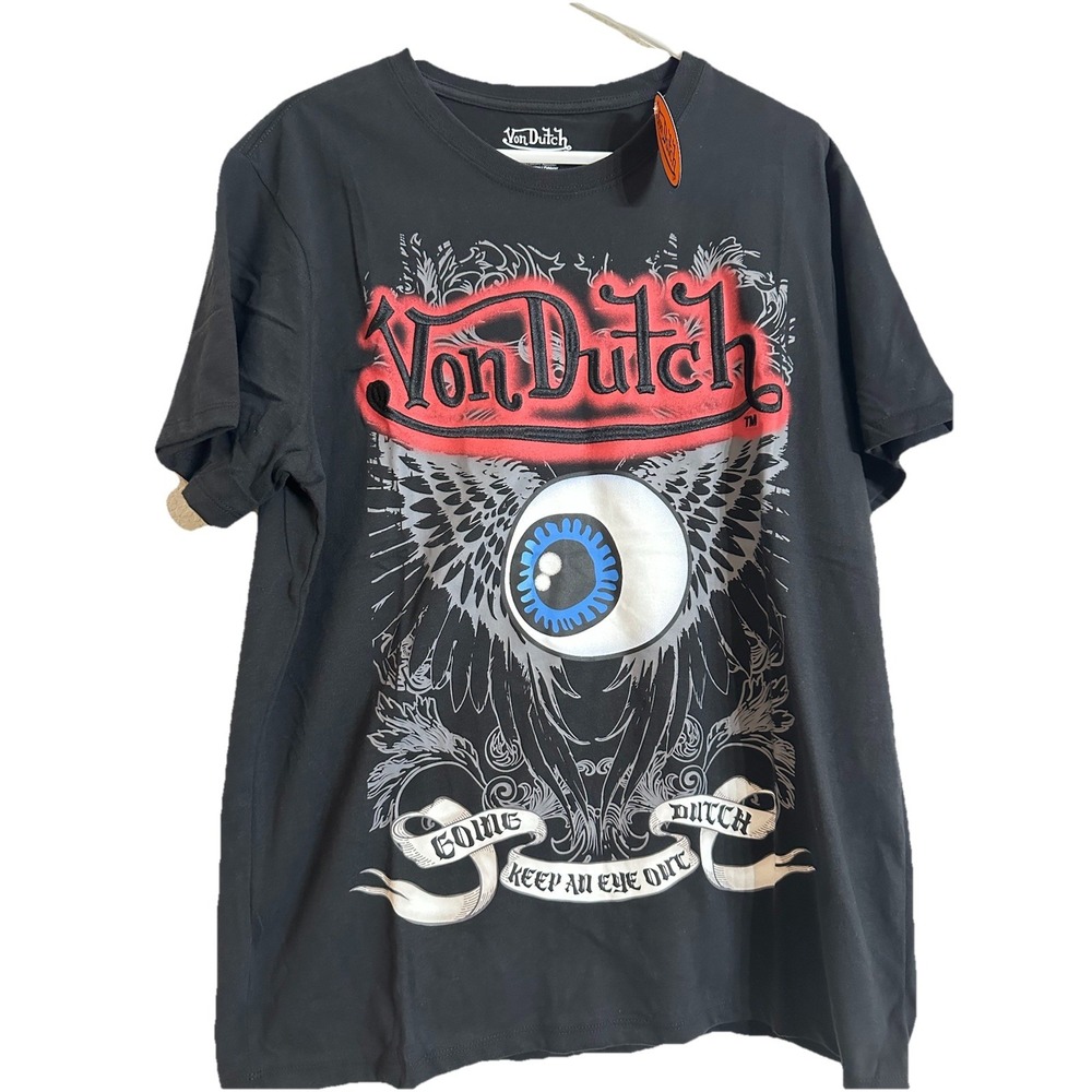 Von Dutch Embroidered T-Shirt Black "Keep An Eye Out" Graphic Print Men's Large